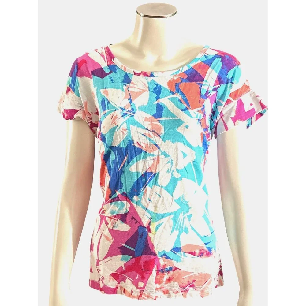 T By Talbots Size Small Multicolor Rayon Cotton Tee Floral Print City Casual Tee - Picture 2 of 12
